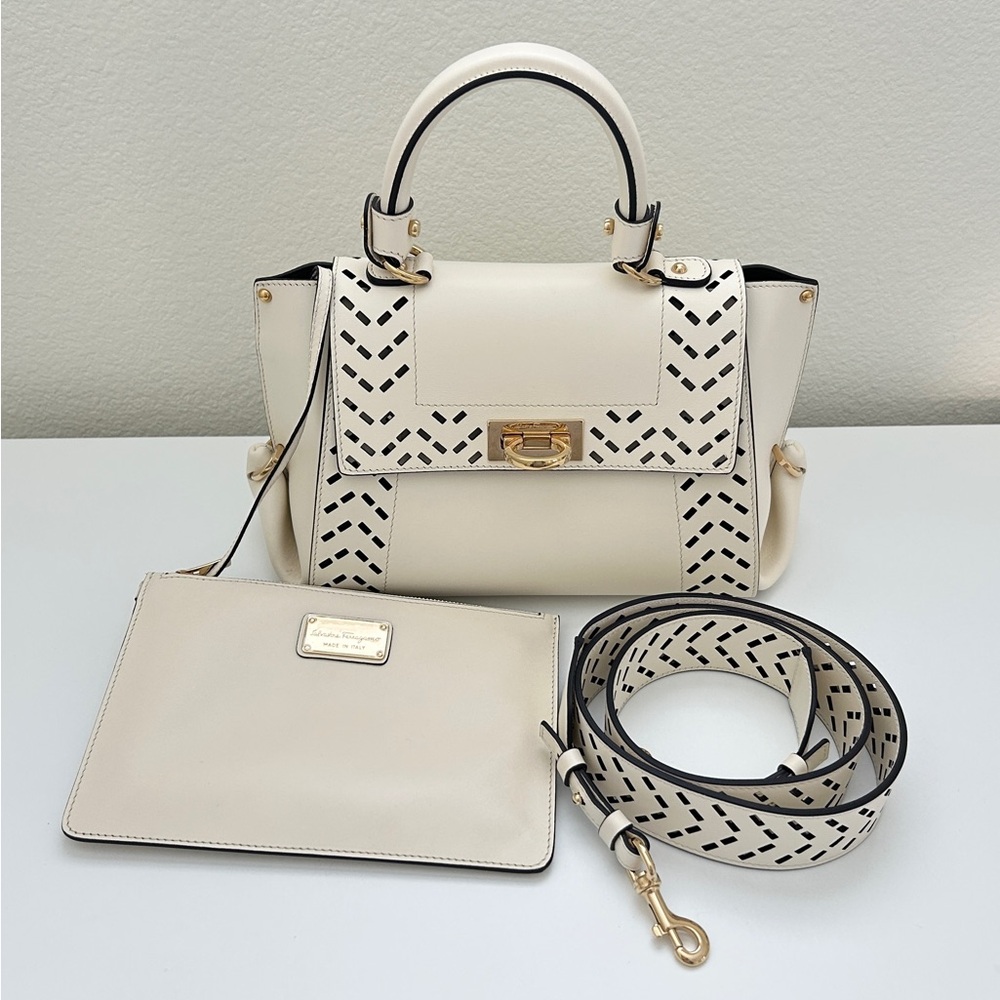 Salvatore Ferragamo Calfskin Perforated Sofia Satchel in Ivory with Dust Bag - Picture 2 of 16